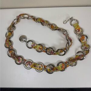 Vintage 70s Chain Loop Hip Belt Silver Rhinestone Studs Fabric Groovy Mod Disco